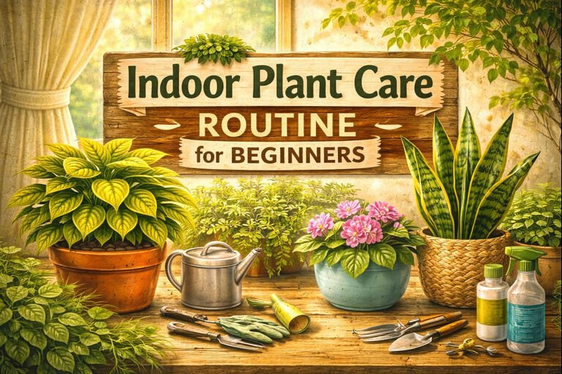 Indoor plant care routine for beginners showing healthy houseplants and basic care tools