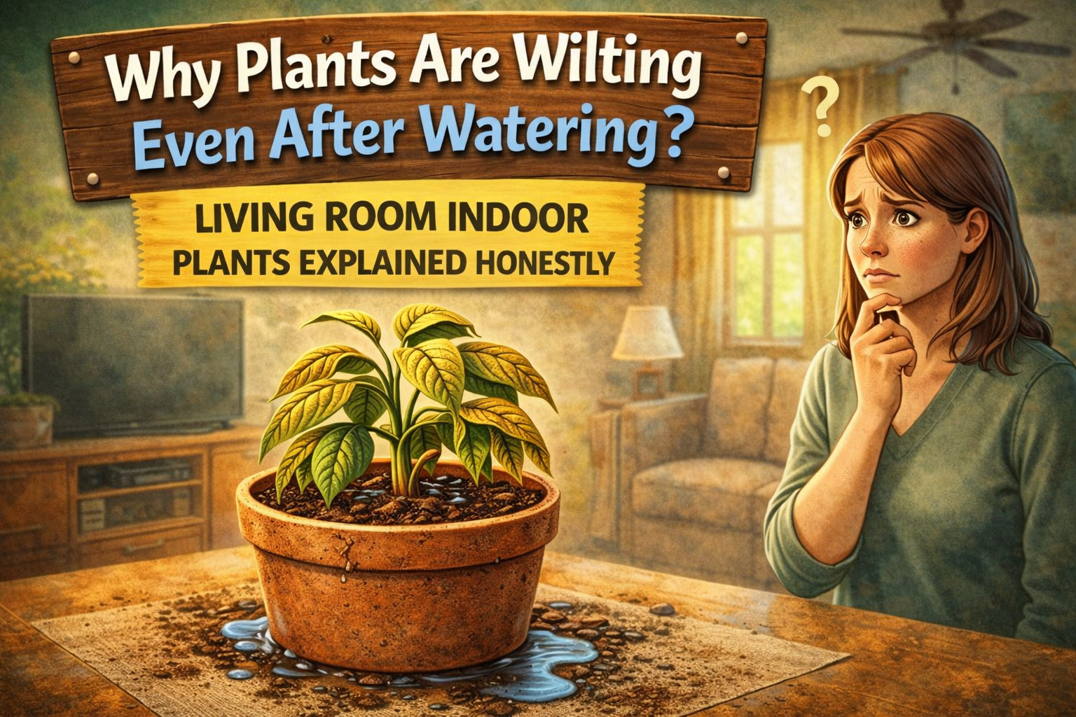 Indoor plant wilting even after watering in a living room setting