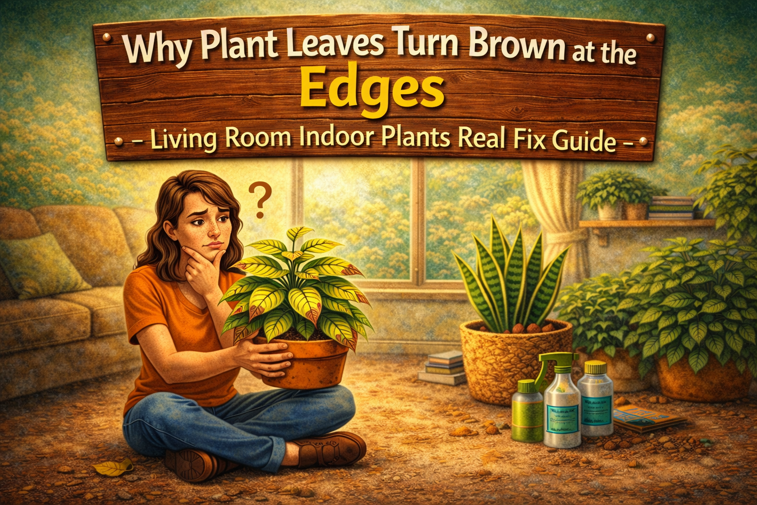 Indoor plant with brown leaf edges in a living room setting